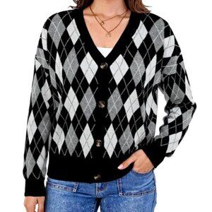 Women’s V-Neck Long Sleeve Open Front Chunky Knit Cardigan Black White & Grey